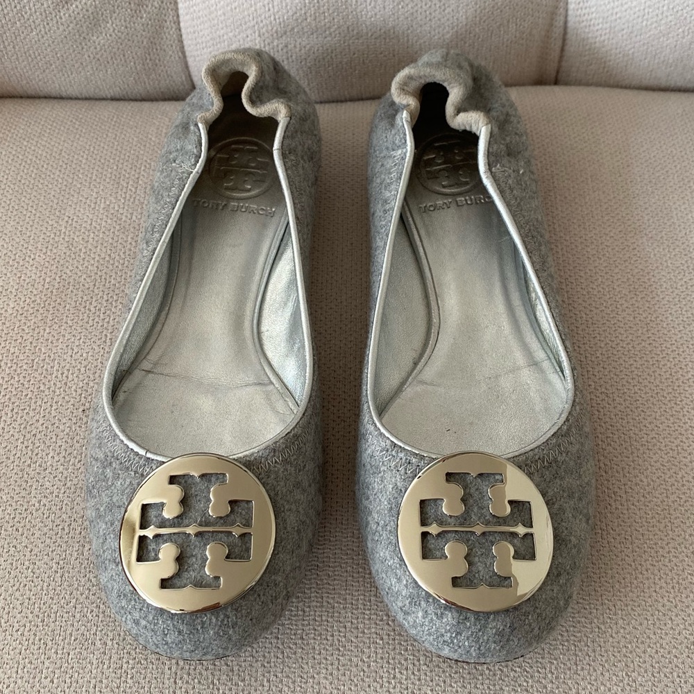 Tory Burch Light Grey Flannel Reva Flats